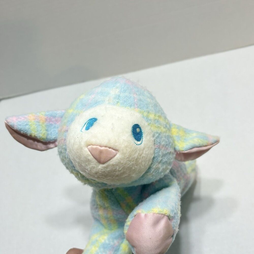 Playskool Snuzzles Lamb Blue Plaid Pastel Plush Satin Paws Vtg 1980s